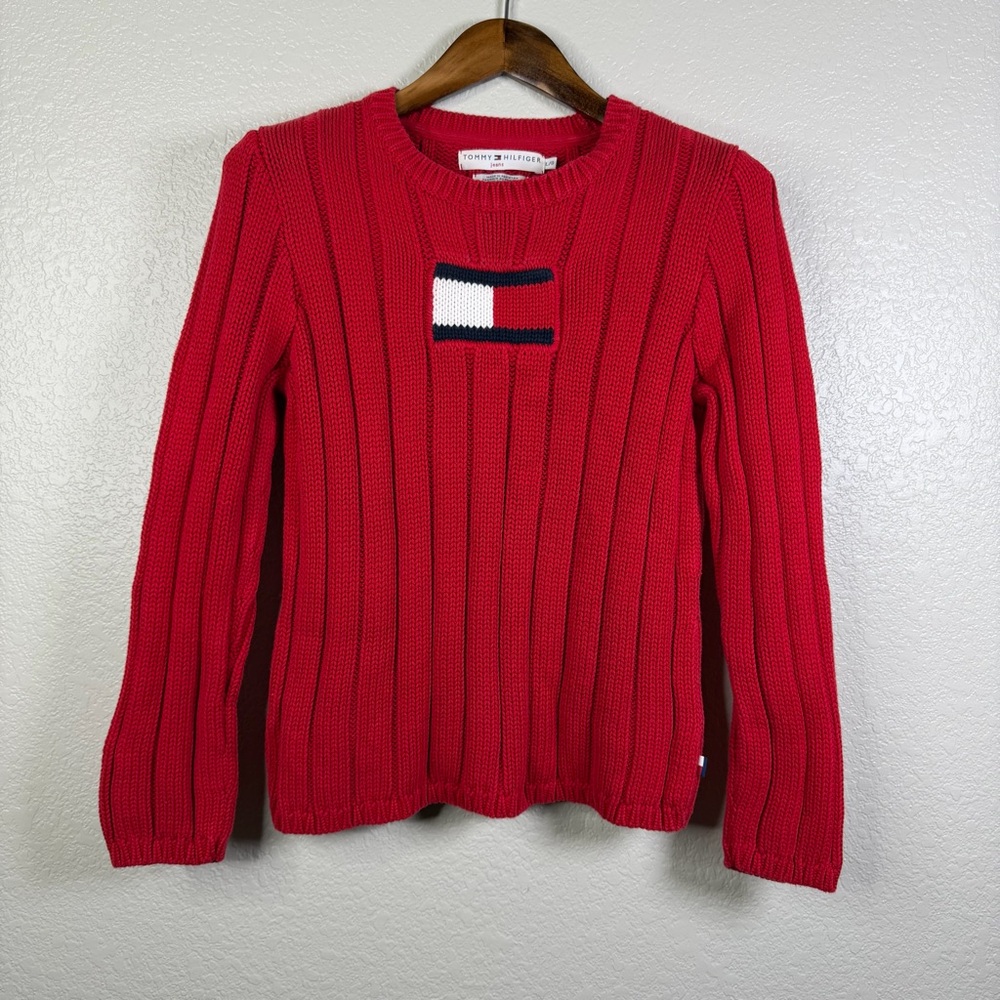 Tommy Hilfiger Women’s Vintage Jeans Box Logo Ribbed Knit Crewneck Sweater Large